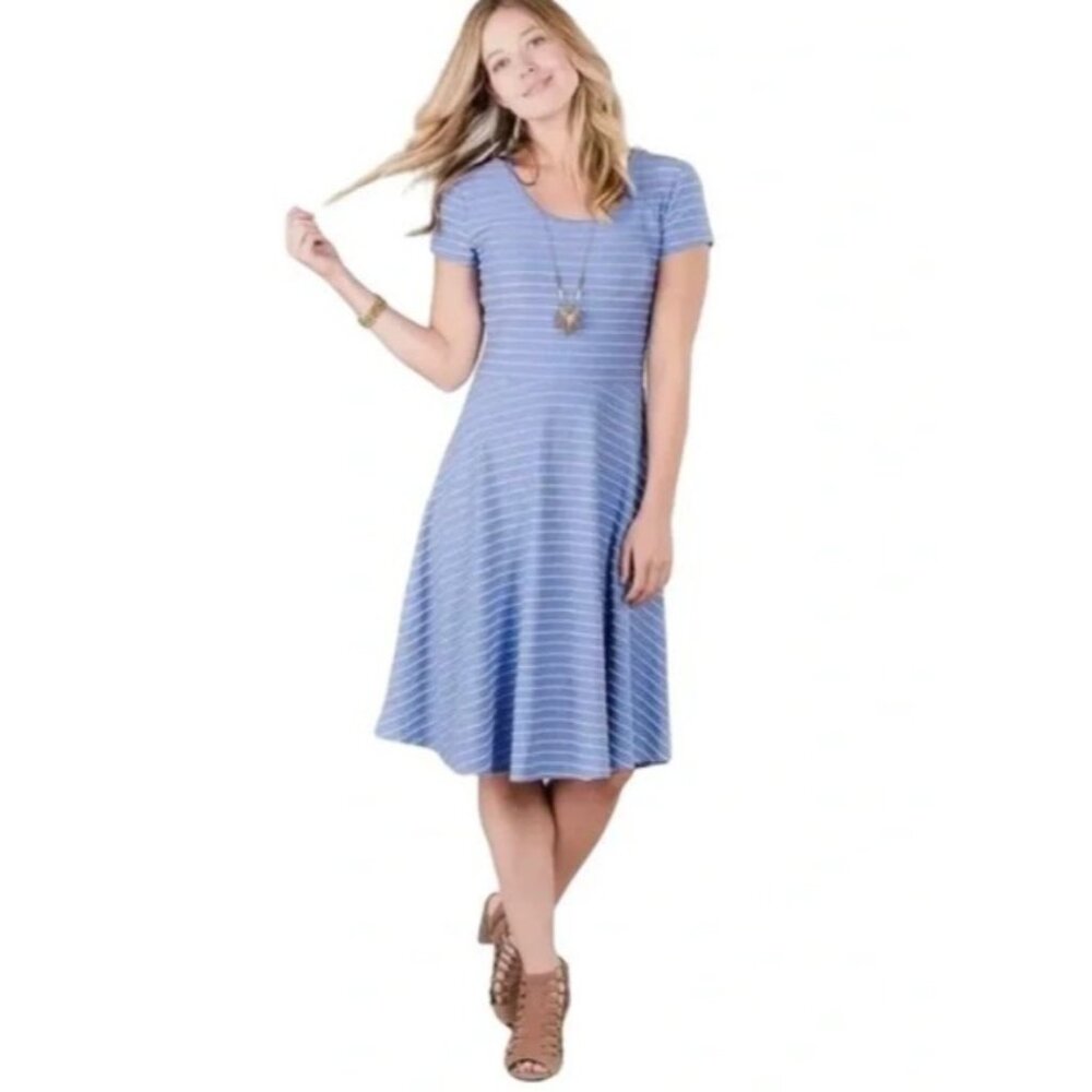 Matilda Jane Blue Adventure Begins Exploration Dress SZ X-Small XS Striped Flare